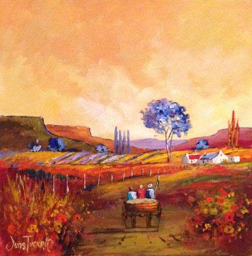 Bright landscape with donkey cart ***JUNE TUCKETT*** 40 x 40 cm