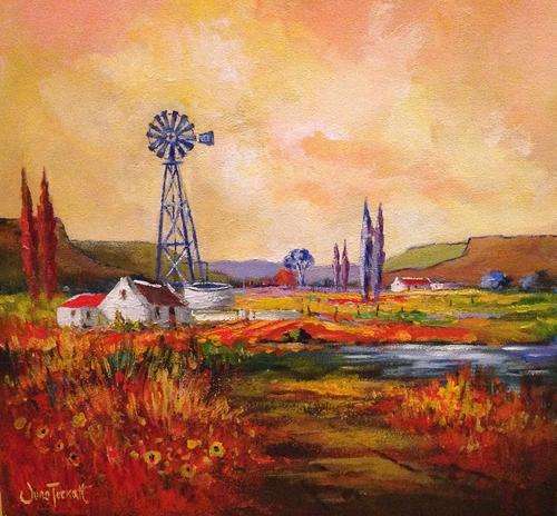 Bright landscape with windmill ***JUNE TUCKETT*** 40 x 40 cm