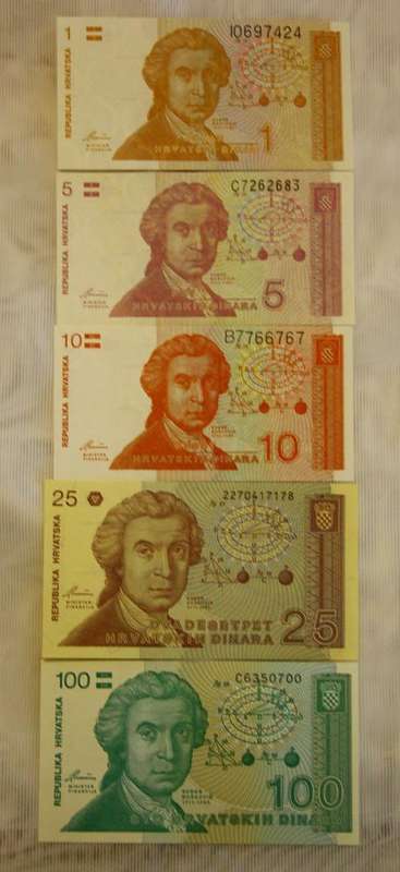 1991 1,5,10,25,100 Dinar set's From Croatia UNC