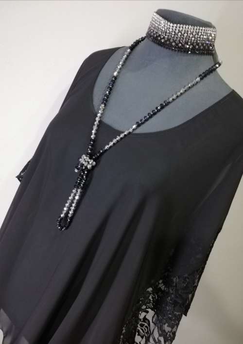 LACE DETAIL BLACK KAFTAN TOP by VANILLA LEE / SIZE 36-40 (L)