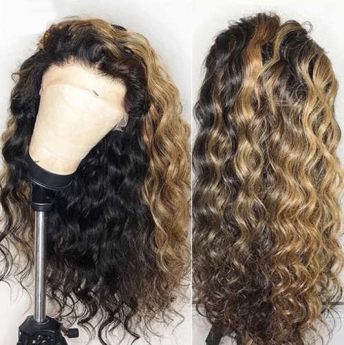 Human Hair Investment WIG / 200% Extra Thick / Brazilian Lace Frontal - Brown mixed Goden Ombre 24`