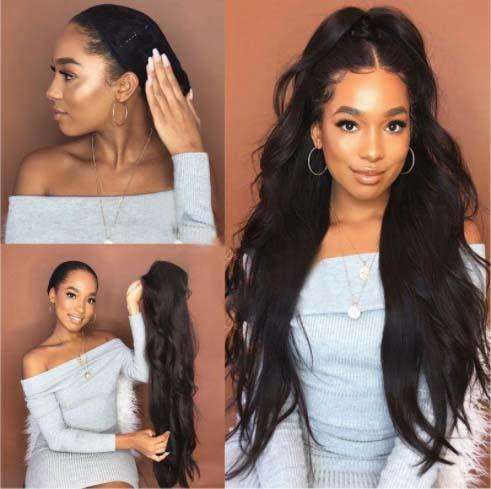 Wig - Human Hair Investment Wig / 200% Extra Thick / 360 Pre Plucked Lace Body Wave / BLACK 24`