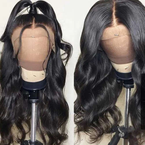 Wig - Human Hair Investment Wig / 200% Extra Thick / 360 Pre Plucked Lace Body Wave / BLACK 24`