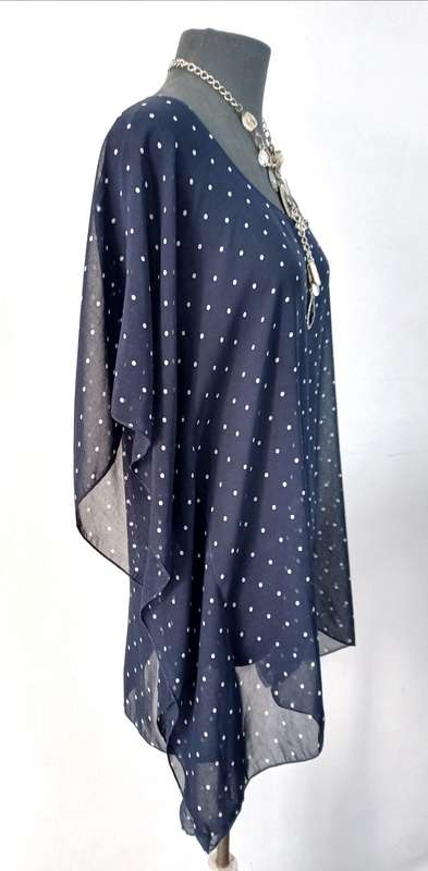 Ladies Kaftan Top by VANILLA LEE / Size: S (Ladies 30, 32) - Navy Blue + White polka dots