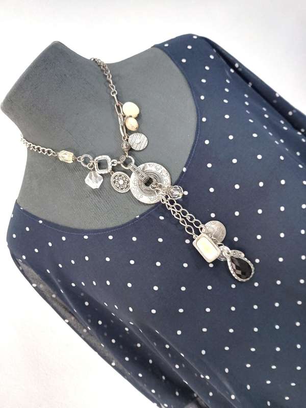 Ladies Kaftan Top by VANILLA LEE / Size: S (Ladies 30, 32) - Navy Blue + White polka dots