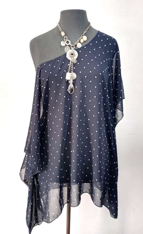 Ladies Kaftan Top by VANILLA LEE / Size: S (Ladies 30, 32) - Navy Blue + White polka dots
