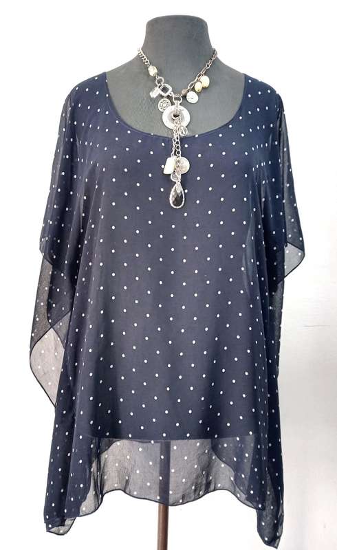 Ladies Kaftan Top by VANILLA LEE / Size: S (Ladies 30, 32) - Navy Blue + White polka dots