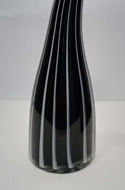 Vintage hand blown tall stem glass Vase - Black with white stripes blow through - Italian