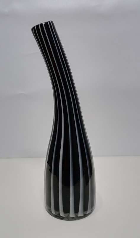 Vintage hand blown tall stem glass Vase - Black with white stripes blow through - Italian