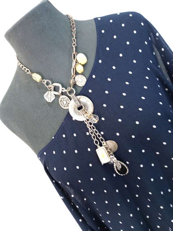 Ladies Kaftan Top by VANILLA LEE / Size: S (Ladies 30, 32) - Navy Blue + White polka dots