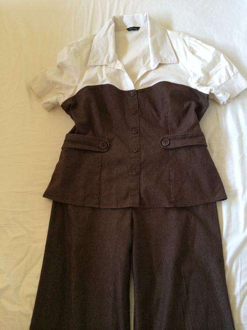 LOVELY BROWN TWO PIECE SUIT WITH FINE PIN STRIPES AND LOVELY DETAIL - FOSCHINI R899.00