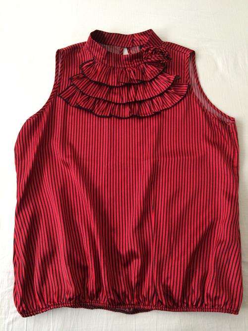 RED SILKY BLOUSE WITH FINE BLACK PIN STRIPES AND ROSE FLOWER DETAIL ON COLAR - SIZE 18