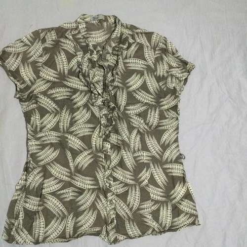 SIZE 14 as new - Label: MERIAN HALL KHAKI AND TAN COTTON SHIRT WITH FRILL DETAIL AND BEADING