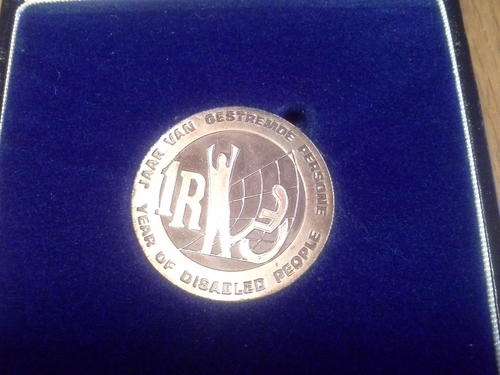 1986 SILVER YEAR OF THE DISABLED COIN IN BLACK SA MINT BOX