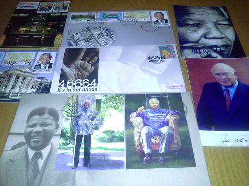 3 x MANDELA FDC 2 X MANDELA & FW POSTCARDS AND 2 AUTOPEN SIGNED PHOTOS