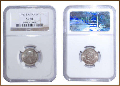 1957 - 6 PENCE AU58 NGC GRADED