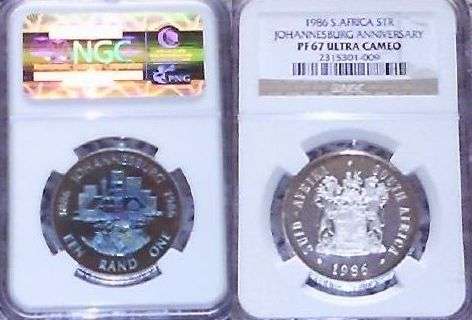 PF 67 SOUTH AFRICAN JOHANNESBURG ANNIVERSARY NGC ULTRA CAMEO GRADED COIN VERY SCARSE