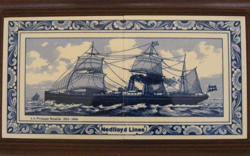 Blue and white Nautical Scene of the S.S. Prinses Amalia 1874-1906  depicted on tiles