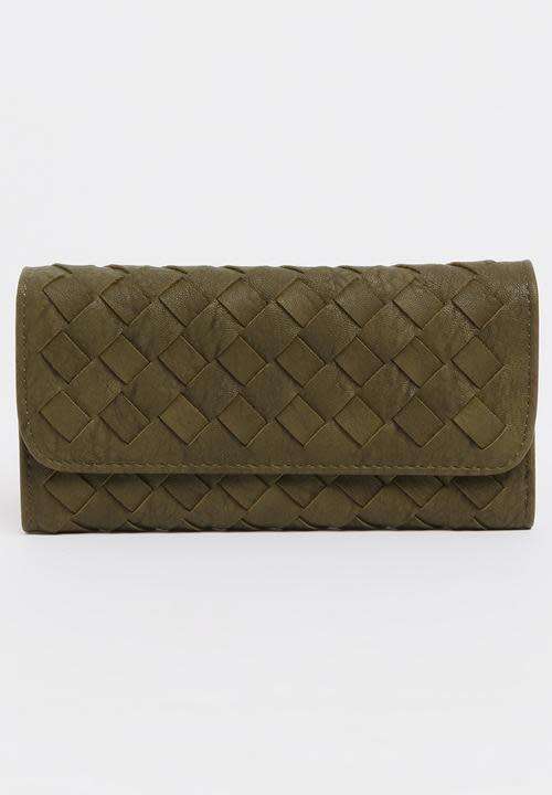 Quilted purse trifold wallet Khaki Green Weave design