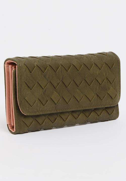Quilted purse trifold wallet Khaki Green Weave design