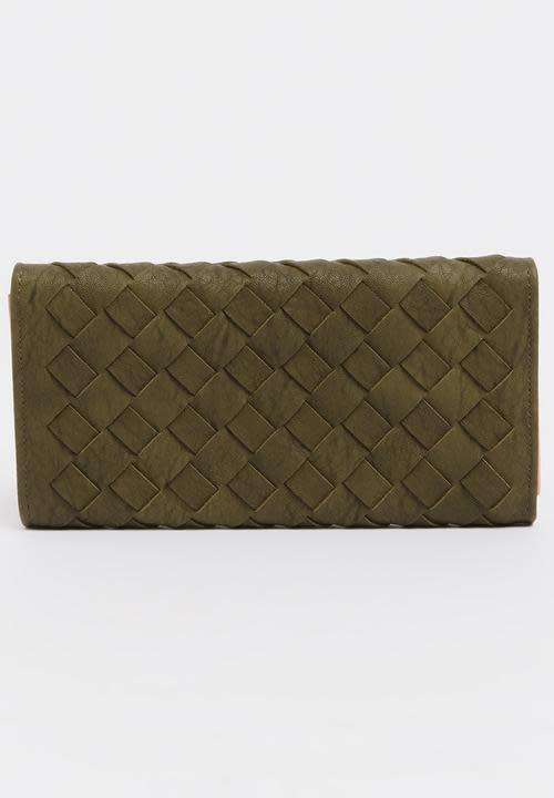 Quilted purse trifold wallet Khaki Green Weave design