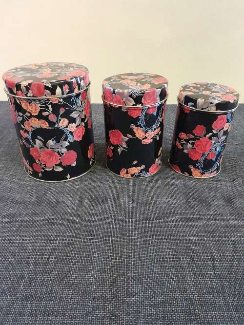 Tea Coffee Sugar or Storage canisters (3 nesting tins) Black Floral print - New