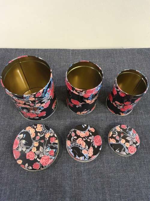 Tea Coffee Sugar or Storage canisters (3 nesting tins) Black Floral print - New
