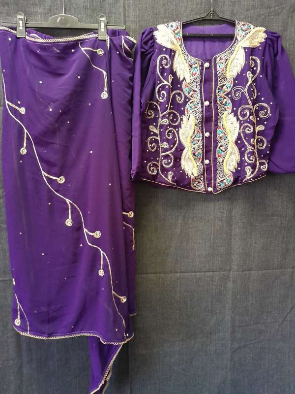 Purple sari blouse and skirt set
