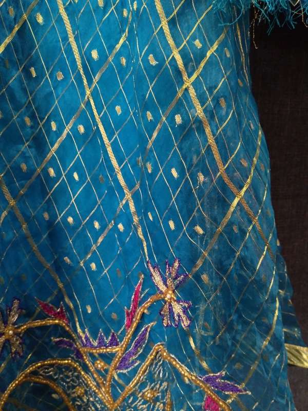 Blue and gold sari top and flare skirt
