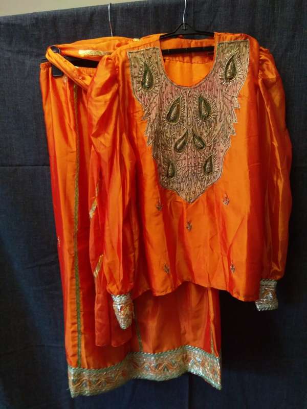 Orange sari embelished skirt and blouse set