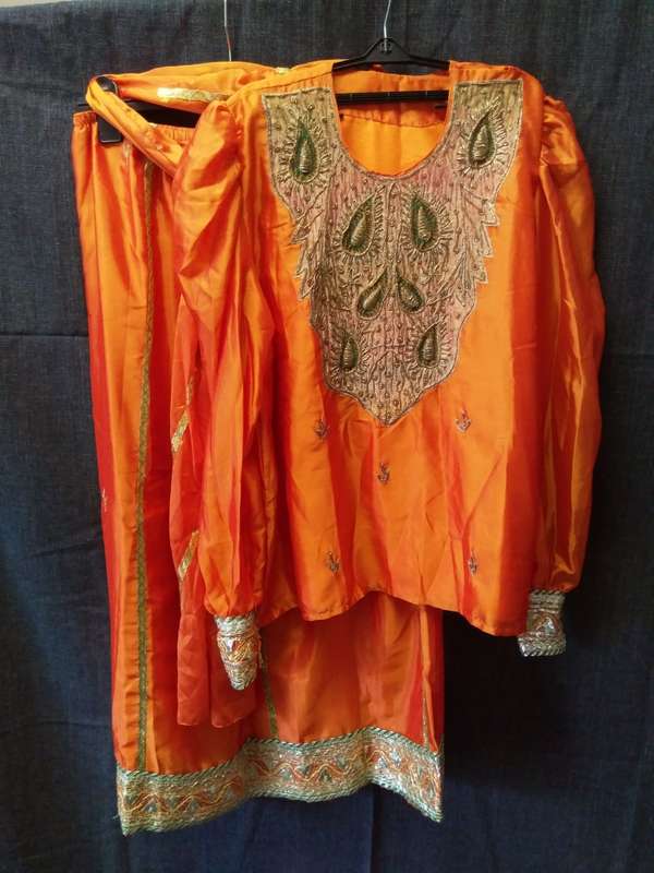 Orange sari embelished skirt and blouse set