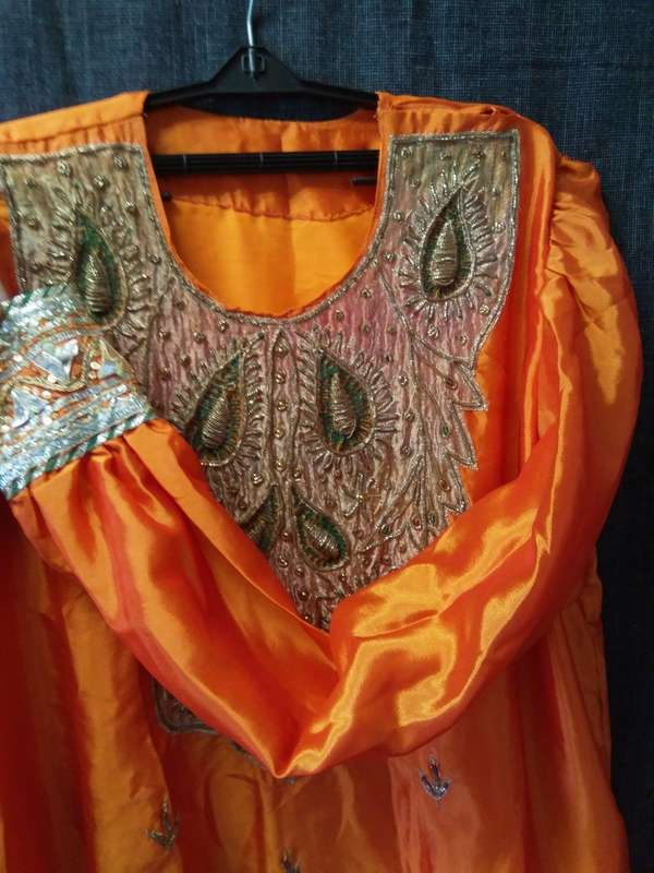 Orange sari embelished skirt and blouse set