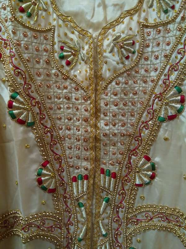 Cream and gold rich embroidery long sari top and skirt set