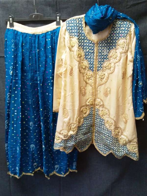 Blue and Cream embroidered sari set