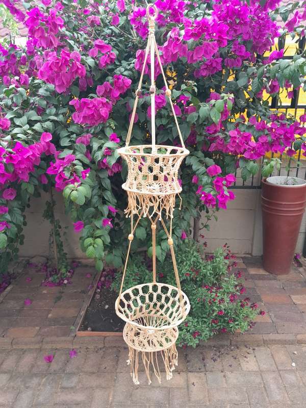 Macrame 2 tier basket for pot plant handmade