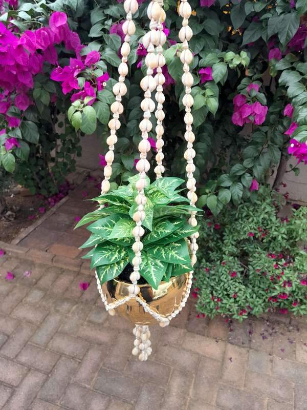 Sea shell bead basket for pot plant handmade