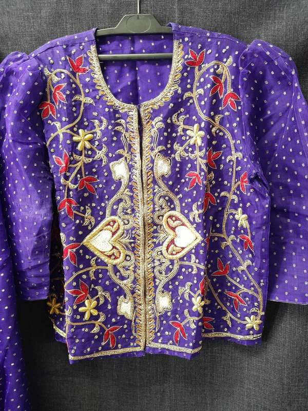 Violet sari blouse and skirt evening set