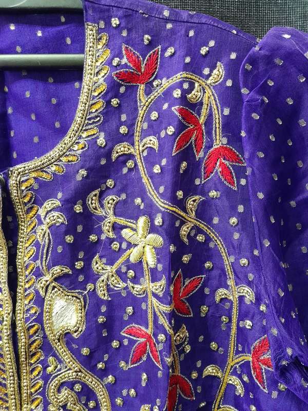 Violet sari blouse and skirt evening set