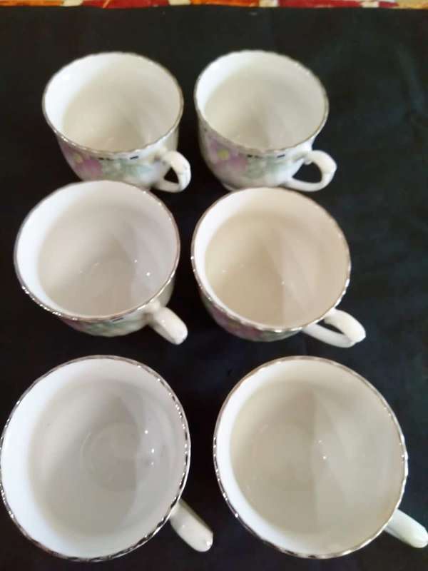 6 Floral porcelain tea cups with silver trim New
