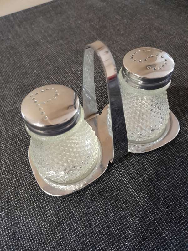 Vintage crystal cut glass salt and pepper shakers with stand