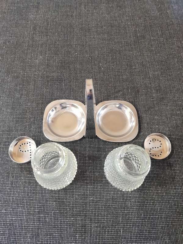 Vintage crystal cut glass salt and pepper shakers with stand