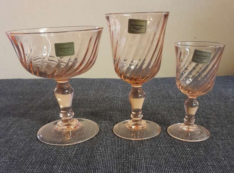 Vintage Luminarc Rosaline Pink Swirl glasses mixed set 1970s