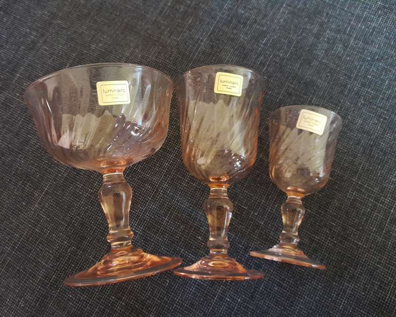Vintage Luminarc Rosaline Pink Swirl glasses mixed set 1970s