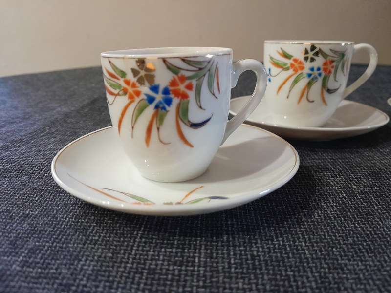 Vintage Japanese tea set 8pc Blue and Orange Flowers with Gold rim - Maruku China