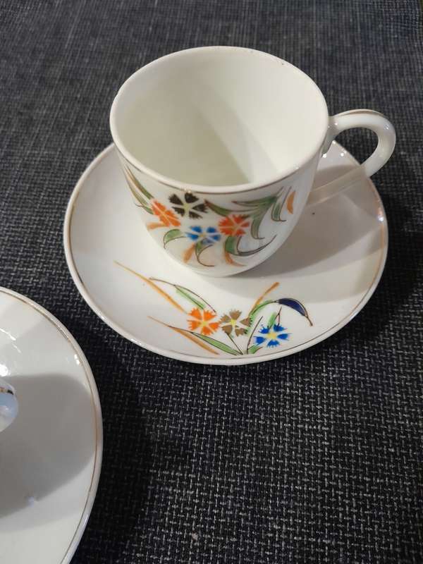 Vintage Japanese tea set 8pc Blue and Orange Flowers with Gold rim - Maruku China