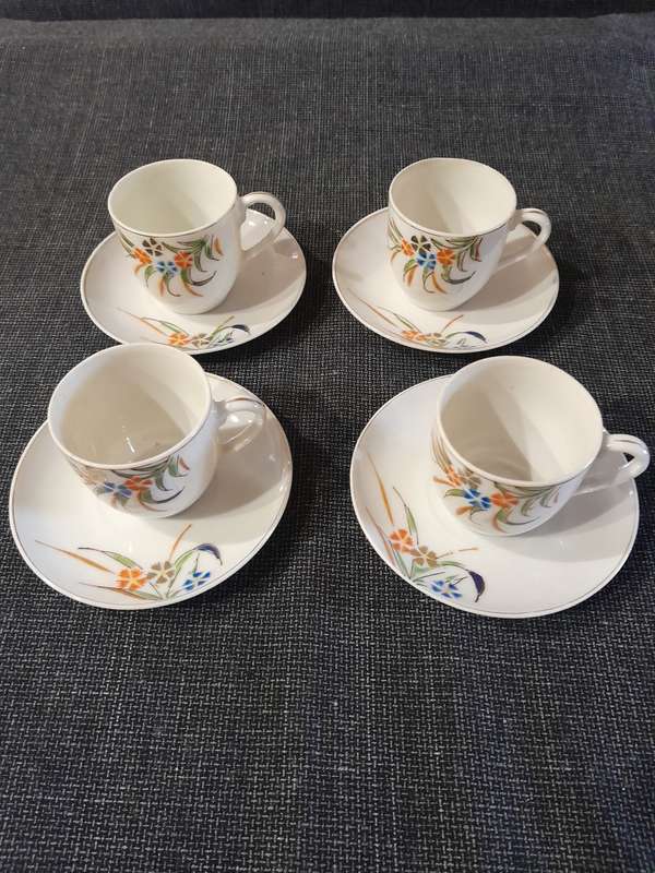 Vintage Japanese tea set 8pc Blue and Orange Flowers with Gold rim - Maruku China