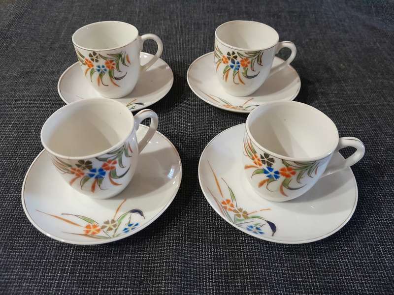 Vintage Japanese tea set 8pc Blue and Orange Flowers with Gold rim - Maruku China