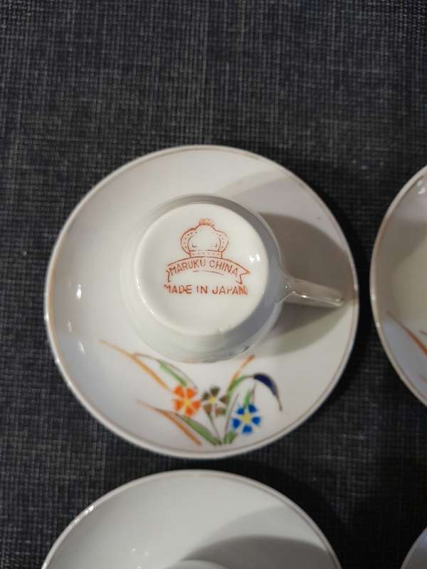 Vintage Japanese tea set 8pc Blue and Orange Flowers with Gold rim - Maruku China