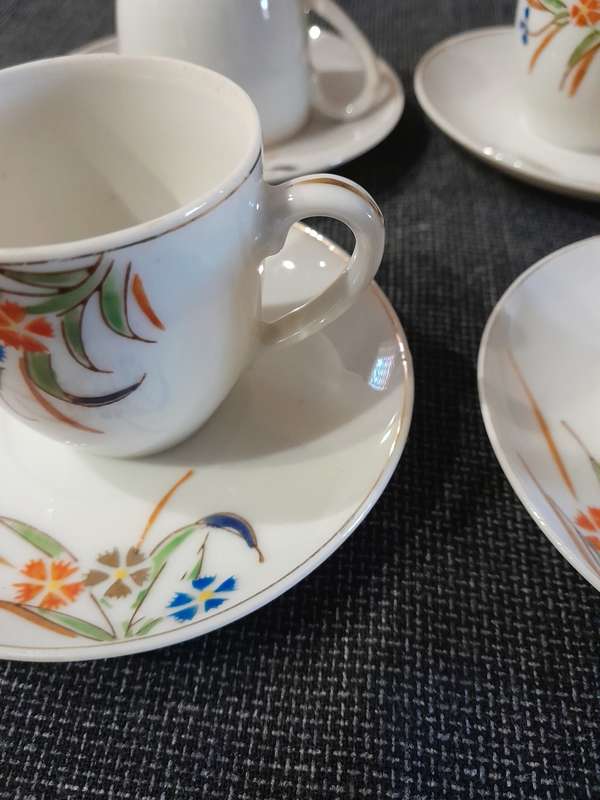 Vintage Japanese tea set 8pc Blue and Orange Flowers with Gold rim - Maruku China