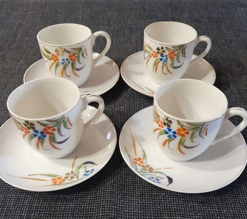 Vintage Japanese tea set 8pc Blue and Orange Flowers with Gold rim - Maruku China